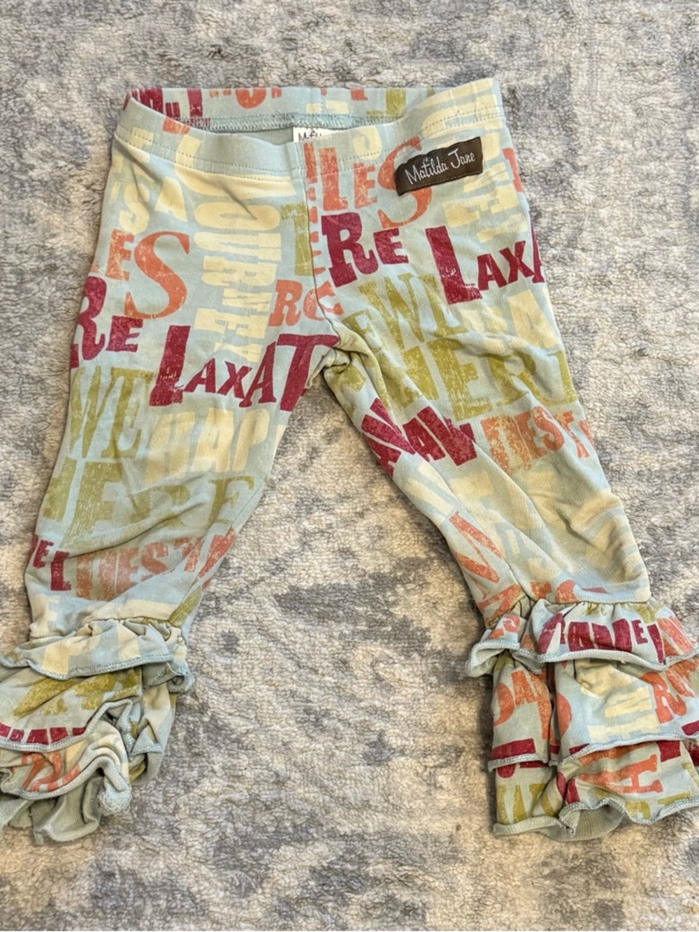 Matilda Jane Girls 2T Road Trip Bennys Ruffle Leggings Teal Vacation Print